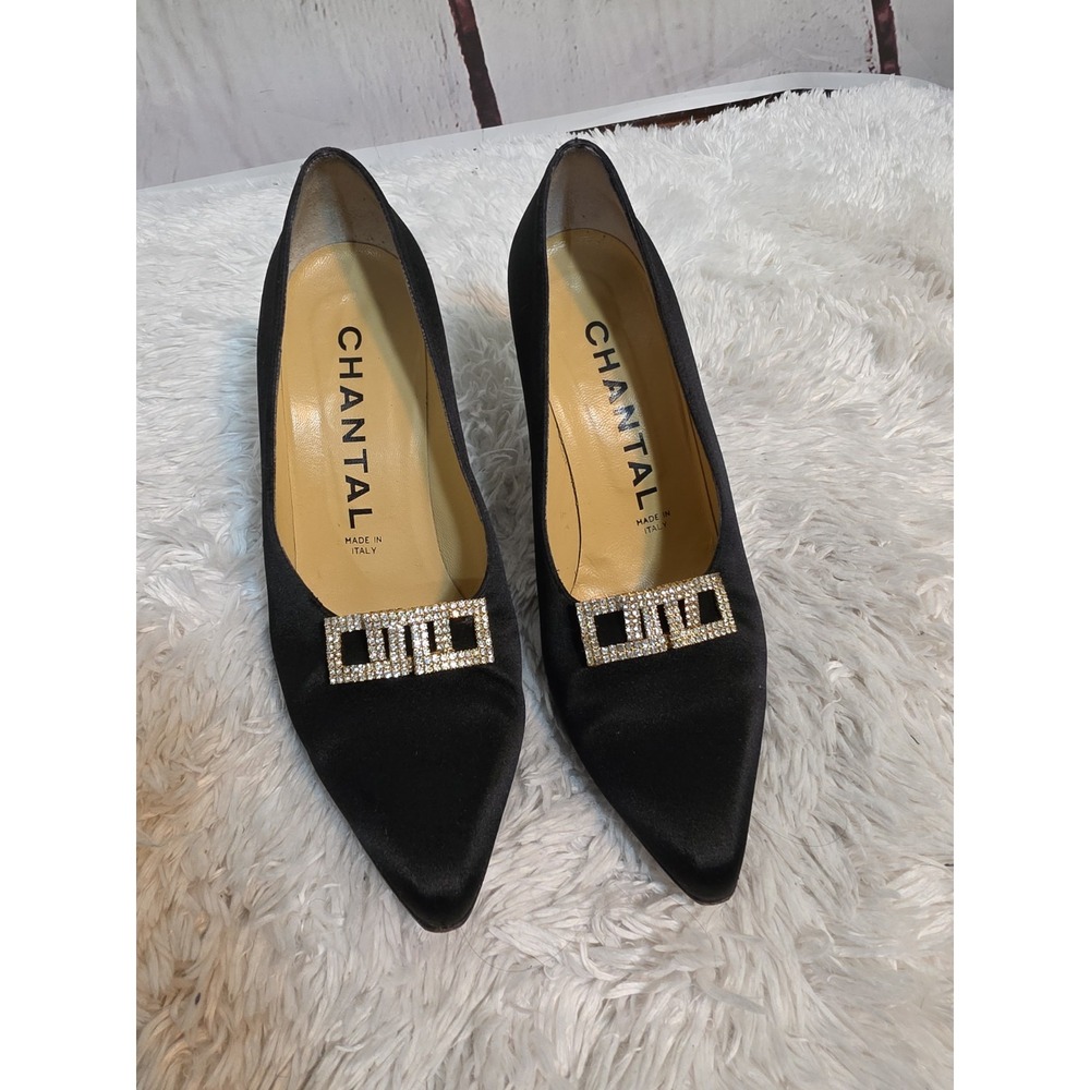 Chantal Black Satin Pumps Rhinestone Buckle Pointed Toe Heels Italy V3032 8.5M